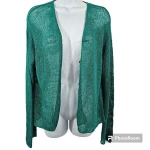 Eileen Fisher Linen & Nylon Cardigan Sweater Teal Green Size Large